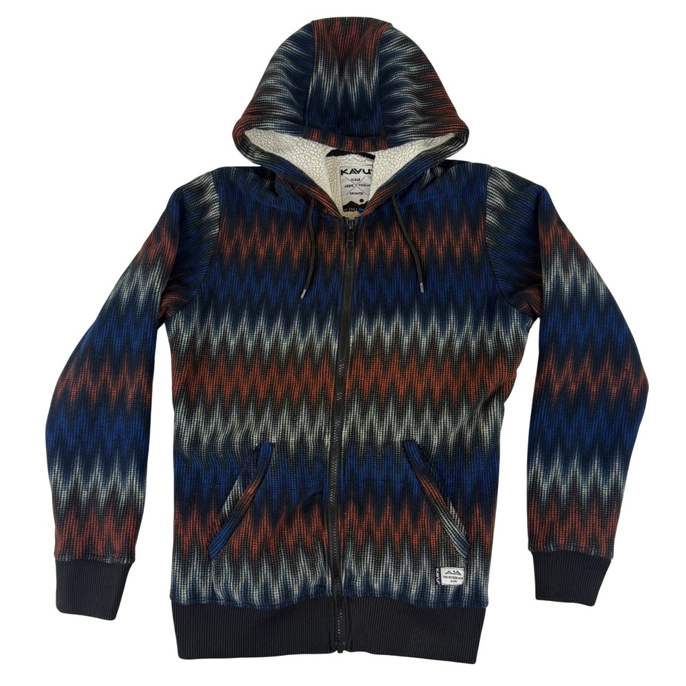 KAVU Zip Hoodie Womens Medium Blue Rust Sherpa‎ Lined Southwest Chevron Jacket